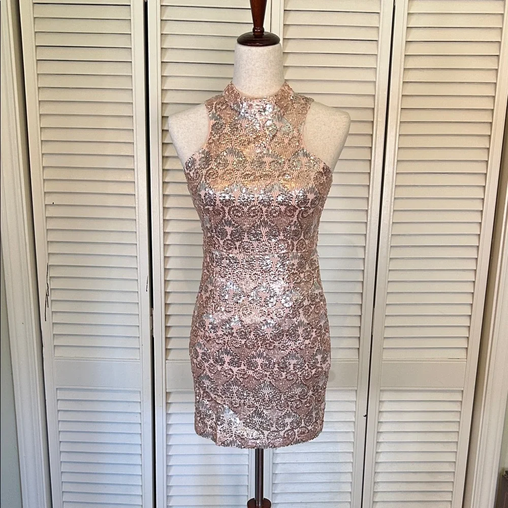 Soieblu Rose Gold Sequin High Neck Mini Dress - Picture 1 of 8